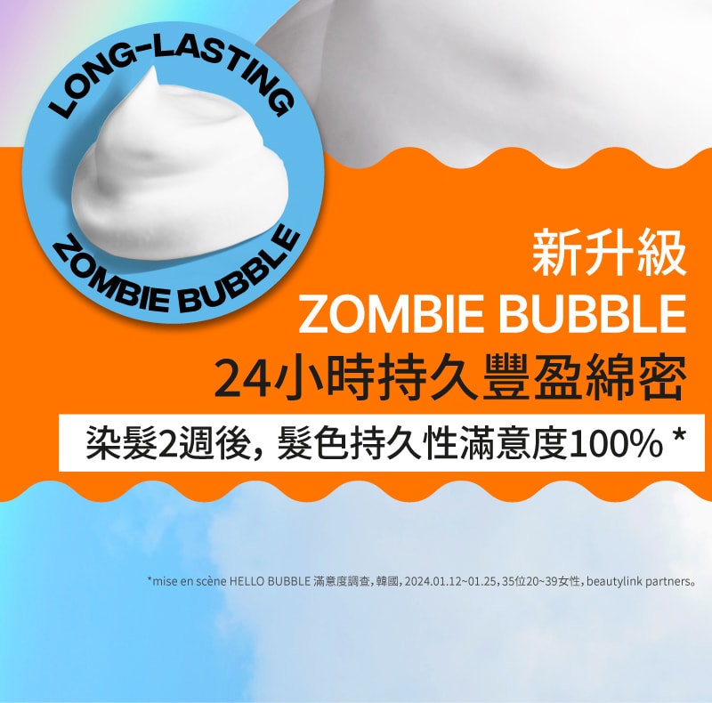 新升級 ZOMBIE BUBBLE 24小時持久豐盈綿密 染髮􏚳週後， 髮色持久性滿意度 100% 