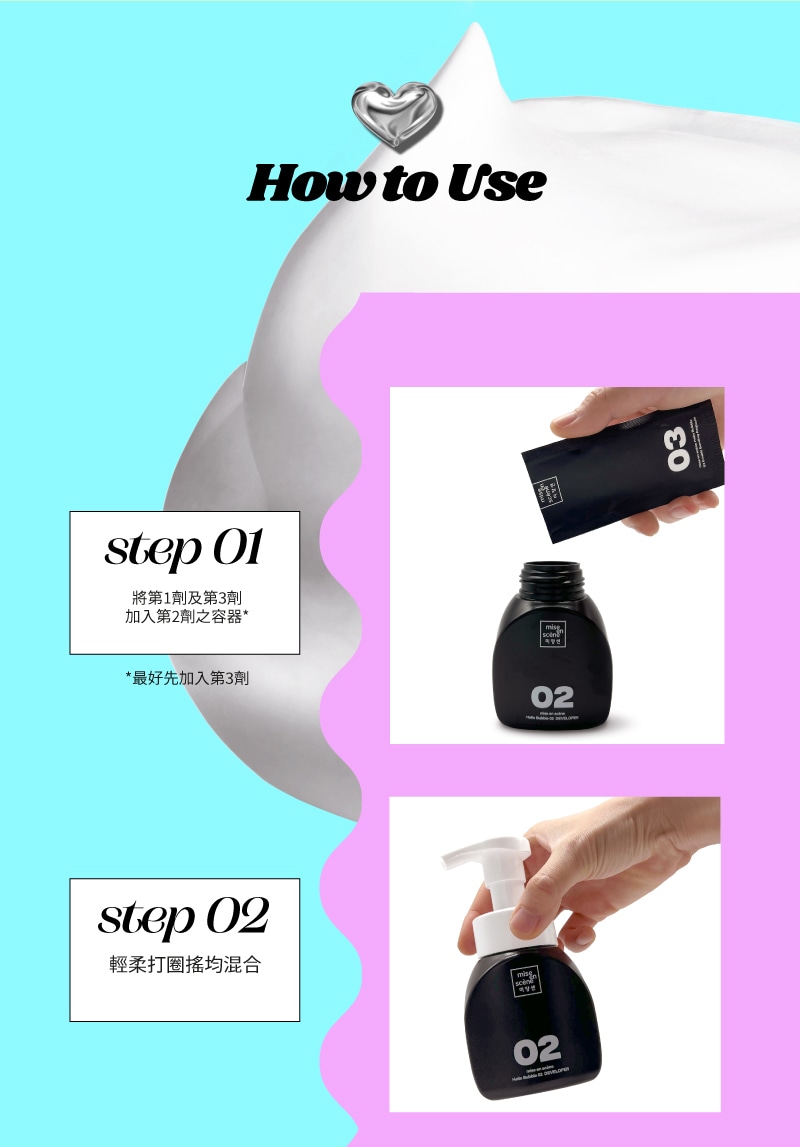 How to Use step 01 將第1劑及第3劑 加入第2劑之容器(最好先加入第3劑), step 02 輕柔打圈搖均混合