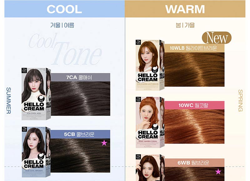 COOL 여름 SUMMER 7CA 쿨애쉬 5CB 쿨브라운* WARM 봄 SPRING NEW 10WLB 웜라이트브라운 10WC 웜코랄