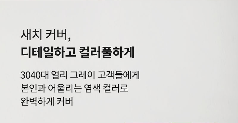 새치 커버, 디테일하고 컬러풀하게 3040대 얼리 그레이 고객들에게 본인과 어울리는 염색 컬러로 완벽하게 커버