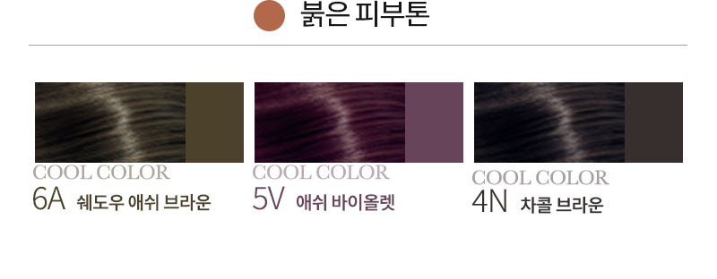 붉은 피부톤 COOL COLOR 6A 쉐도우 애쉬 브라운 COOL COLOR 5V 애쉬 바이올렛 COOL COLOR 4N 차콜 브라운