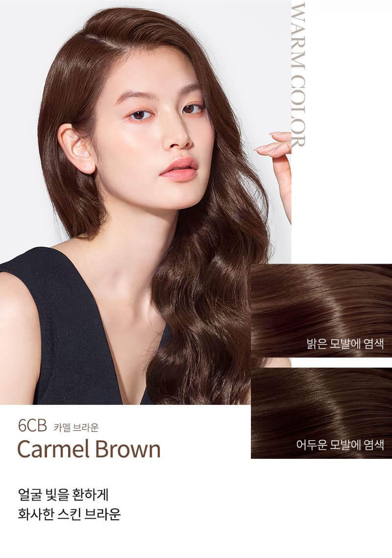 WARM COLOR 밝은 모발에 염색 어두운 모발에 염색 6CB 카멜 브라운 Carmel Brown 얼굴 빛을 환하게 화사한 스킨 브라운